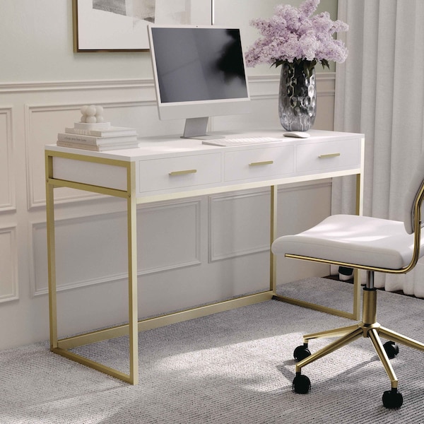 Martha Stewart 19.75 in. D X 47.25 in. W X Engineered Wood, Steel, White/Polished Brass ZG-ZP-028-WH-GLD-MS - main